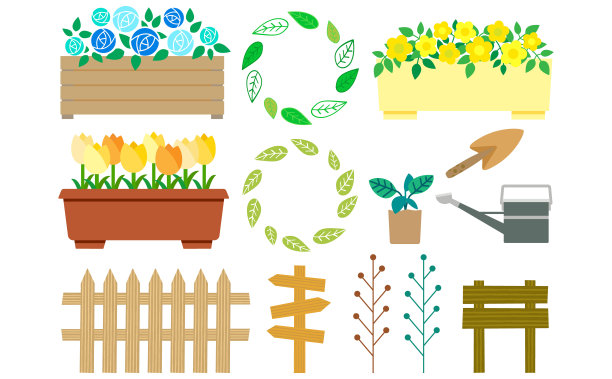 可爱的橙色郁金香、蓝色玫瑰、黄色花朵和园艺套装图片下载