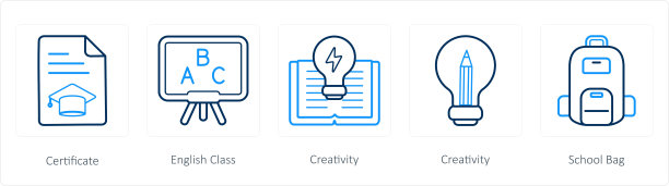 一套5个学校图标，分别代表证书、英语课、创意图片下载