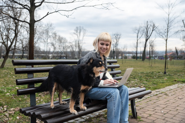 一位年轻的潮女商人带着她收养的狗狗走进公园，坐在长椅上，拿着笔记本电脑，开始做新项目。一位商务平面设计师正在工作，她的宠物坐在旁边图片下载