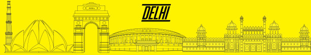 德里天际线，新德里城市，线艺术矢量插图与所有著名的建筑，新德里建筑集，全景图片下载