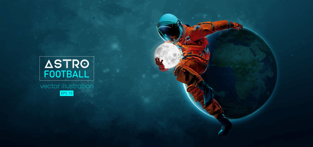 美式橄榄球、橄榄球运动员宇航员在太空中的动作和地球、月球行星的太空背景。向量图片下载