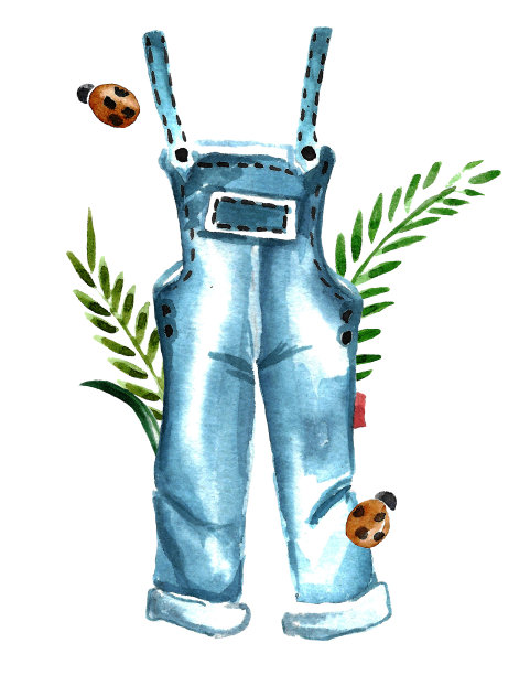 儿童蓝色牛仔连衣裤周围绿色植物和红色瓢虫图片下载