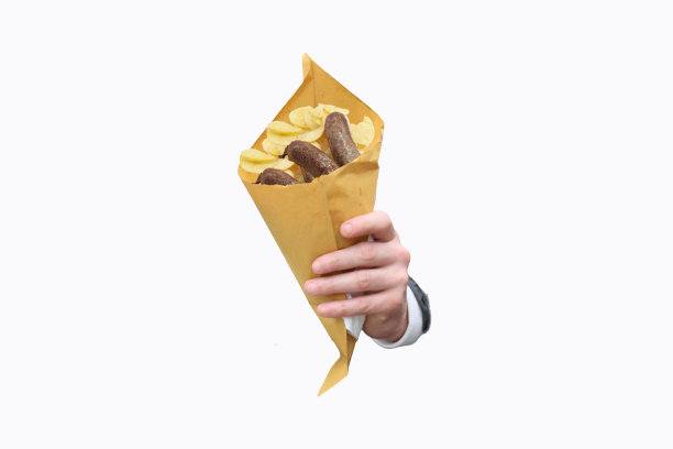 街头小吃香肠片在传统的容器，-图片下载