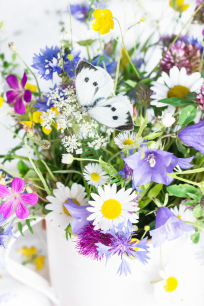 在自然光线下，白色背景的绣花桌布上，白色花瓶上的一束美丽的草地花图片下载