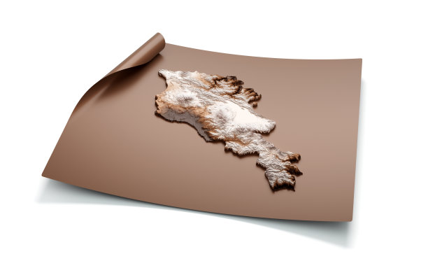 亚美尼亚地图的旧风格棕色展开地图纸单，3D插图图片下载