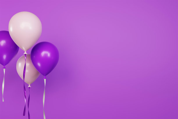 生日和聚会活动问候模板。紫色与白色生日气球背景3D渲染插图图片下载
