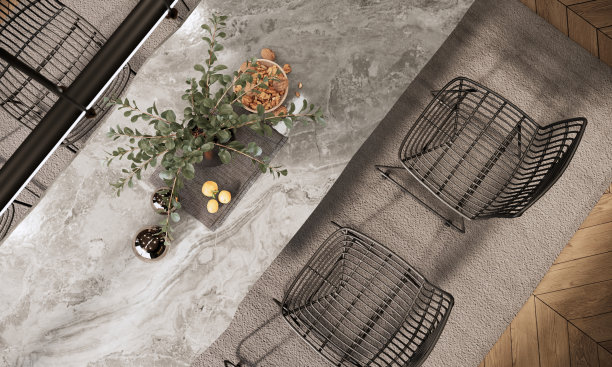 俯视图工业风格餐桌椅的室内设计和装饰。3 d渲染。图片下载