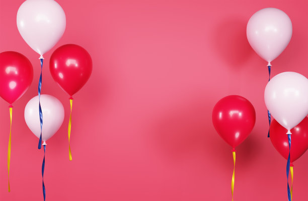 生日和聚会活动问候模板。红色与白色生日气球背景3D渲染插图图片下载