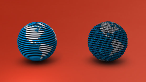 抽象概念代表了一个被污染的未来地球。蓝色的地球和毁灭的地球。环境破坏和崩溃……3 d渲染。红色背景。图片下载