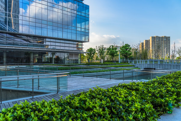 现代办公大楼附近美丽的绿色草地图片下载