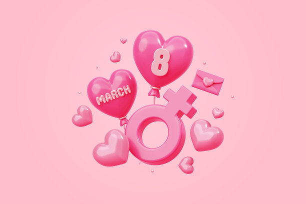妇女节标志与气球和心形横幅活动促销销售模型3d粉色背景图片下载