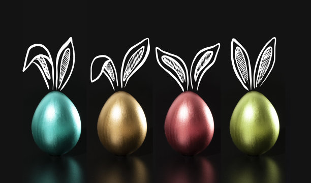 复活节快乐，兔子耳朵，金蛋。图片下载