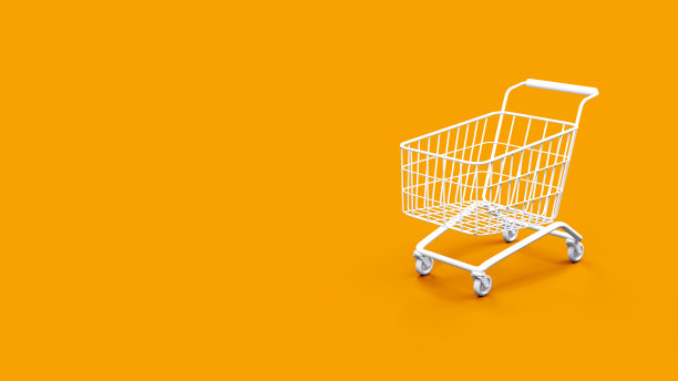 彩色背景白色购物车，电子商务概念，3D渲染图片下载