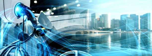 电动汽车充电站以绿色能源和可持续能源生产的生态电力为概念，供应给充电站，以减少二氧化碳排放。图片下载