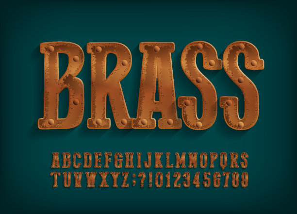 黄铜字母字体。用铆钉钉住字母和数字。图片下载