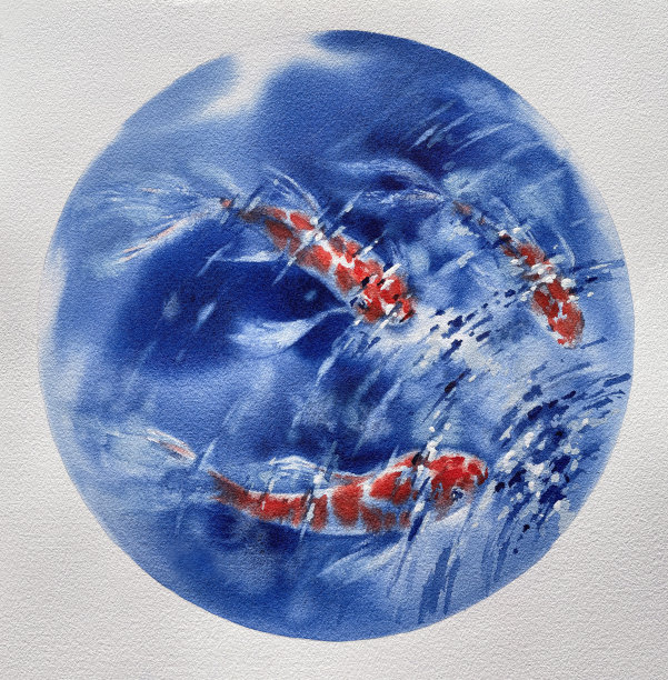 蓝色的水与红色锦鲤圆形水彩背景图片下载