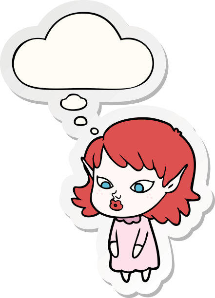 卡通精灵女孩与尖耳朵与思想泡泡作为印刷贴纸图片下载