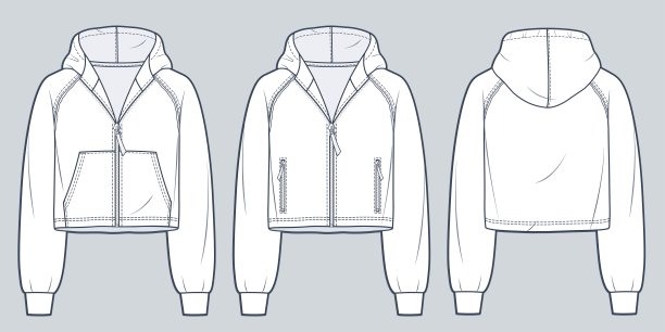 拉链拉格兰袖卫衣技术时尚插图。连帽运动衫时尚平面技术图纸模板，裁剪，原始，超大，前后视图，白色，女性，男性，男女通用的CAD模型集。图片下载