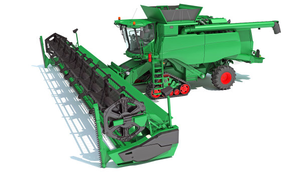 联合收割机农场设备的三维渲染在白色背景图片下载