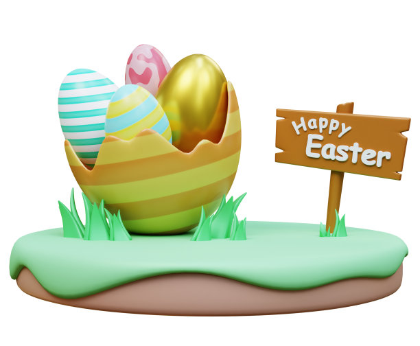 复活节的问候和礼物有复活节彩蛋。寻找复活节彩蛋的概念。节日横幅，网络海报，传单，时尚的小册子。春季复活节3D渲染图片下载