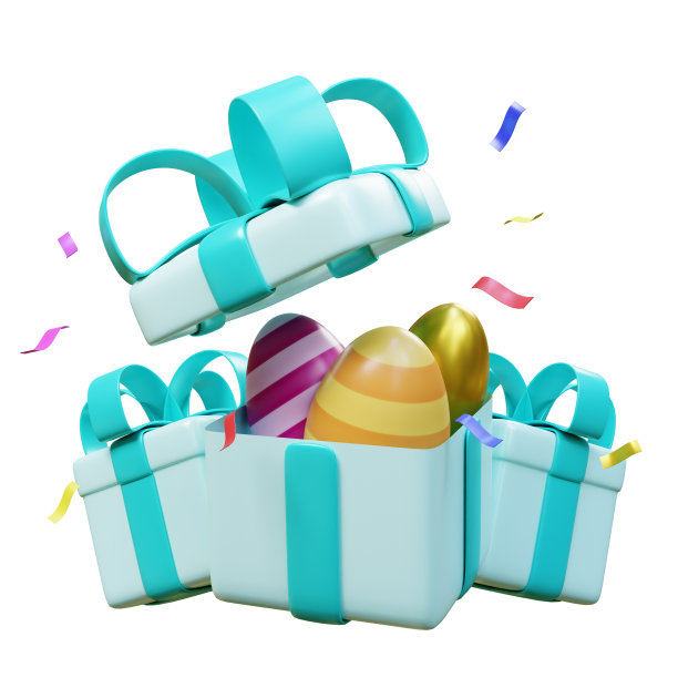 复活节的问候和礼物有复活节彩蛋。寻找复活节彩蛋的概念。节日横幅，网络海报，传单，时尚的小册子。春季复活节3D渲染图片下载