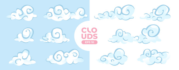 蓝色背景上的云相互隔离。希腊文化。标志和图标收集。现实的元素。白色的颜色。简单的卡通设计。平面风格矢量插图。图片下载