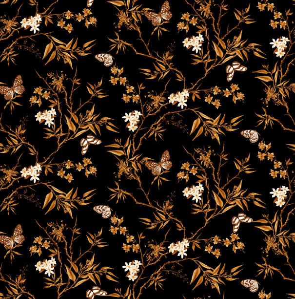 无缝植物花卉，蝴蝶图案，花卉印花。图片下载