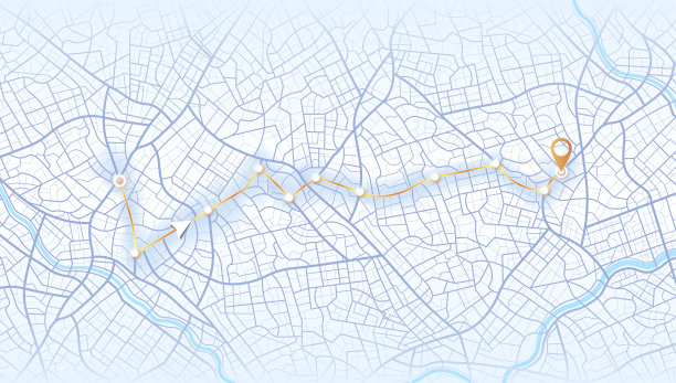 位置跟踪仪表板。城市街道道路。城市街道和街区，路线距离数据，路径转弯和目的地标签或标记。巨大的城市俯视图。图片下载
