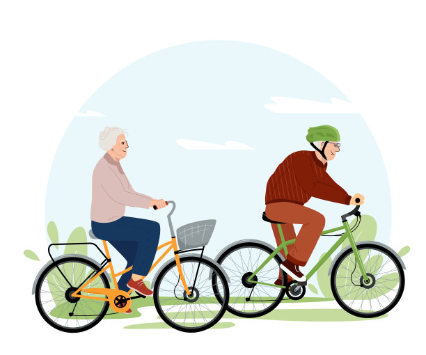 活跃的祖父母骑自行车。老夫妇在户外共度时光。卡通活跃的老年人骑自行车，健康的生活方式平面矢量卡通插图孤立在白色图片下载