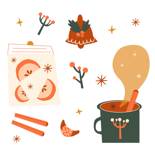 矢量插图一杯茶，肉桂，姜饼，香草和一罐苹果酱。孤立的圣诞元素。图片下载