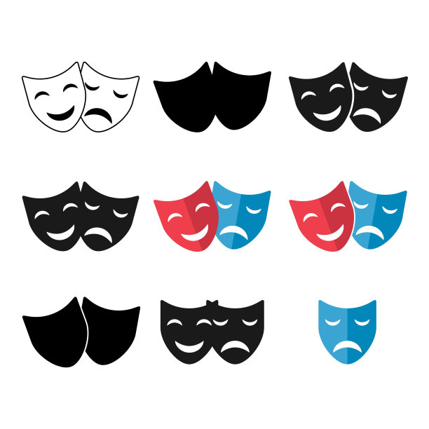 戏剧面具图标，喜剧与戏剧情感演员符号矢量素材图片下载