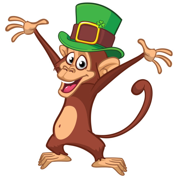 卡通有趣的猴子黑猩猩戴着妖精的绿色帽子，上面有三叶草。圣帕特里克节派对的矢量插图。节日的问候图片下载