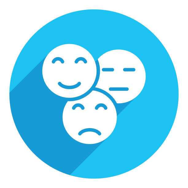 客户反馈情绪。平的图标。长阴影设计。蓝色背景。图片下载