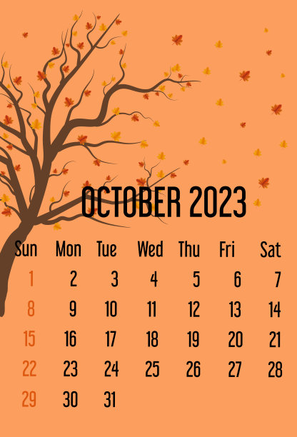 日历2023年10月。日历模板与落叶。秋天的概念。孤立的浅橙色背景。周日开始图片下载