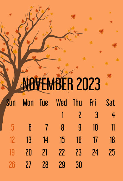 日历2023年11月。日历模板与落叶。秋天的概念。孤立的浅橙色背景。周日开始图片下载
