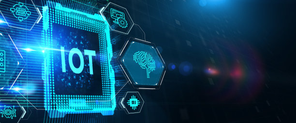 物联网概念。商家提供物联网产品和解决方案。科技的未来。虚拟屏幕的未来铭文:物联网。三维演示图片下载