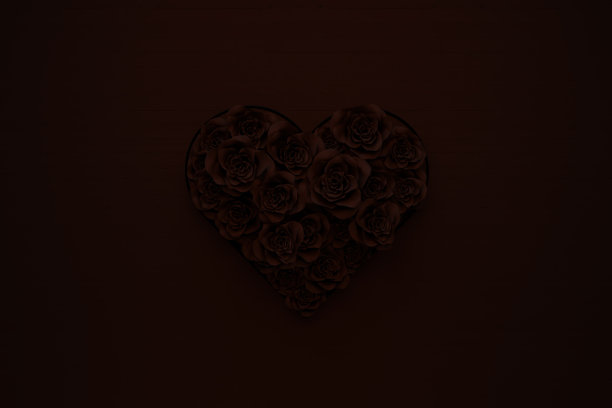 用黑玫瑰填充的心形的3D渲染。极简的花卉风格概念图片下载