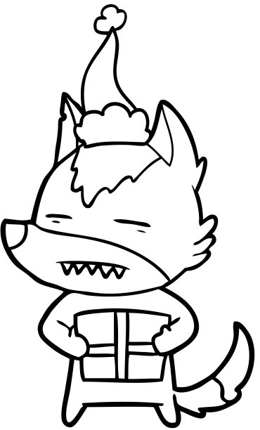 手绘线画狼与礼物戴着圣诞老人的帽子图片下载