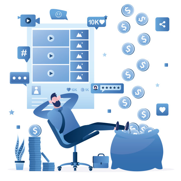 让你的博客赚钱。商人博主创造媒体内容并收取报酬。广告收入，收益。在线业务，社交媒体营销。视频博主在钱袋附近休息。图片下载