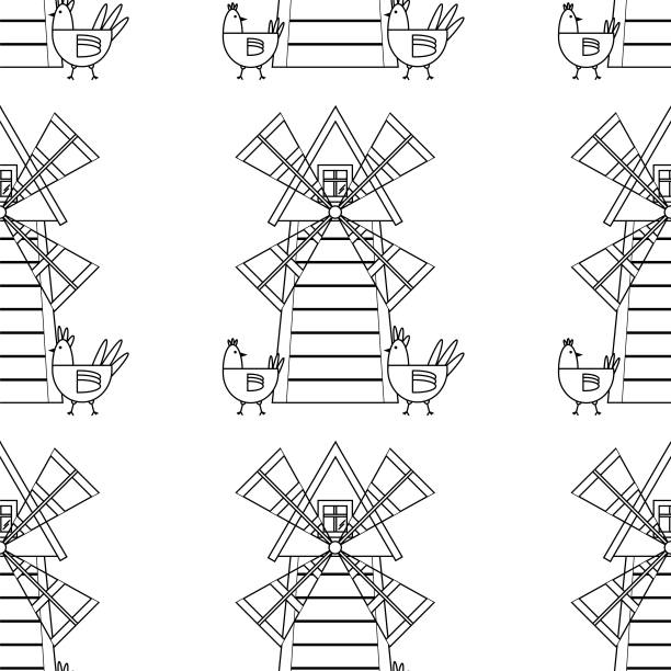 图案以村落为主题。正方形图案与鸟，鸡和风车。矢量线性图解。图片下载