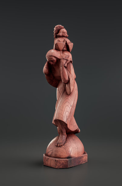 木制的圣克里斯托弗雕像抱着小耶稣过河。木雕工艺。从侧面看，3d渲染图片下载