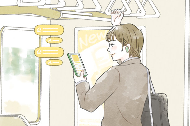 一个学生在火车上用智能手机学习的插图。图片下载