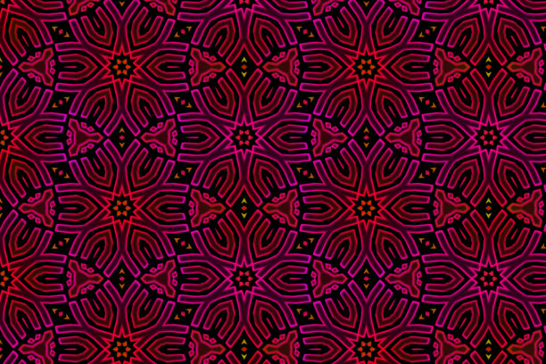 现代部落图案，霓虹灯效果，花卉设计，几何形状，红色和粉红色的颜色，插图图片下载