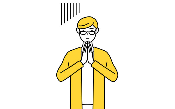 一个穿着随意的年轻人双手放在身体前道歉。图片下载