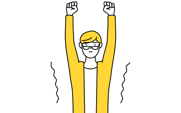 一个穿着随意的年轻人伸伸懒腰，站得笔直。图片下载