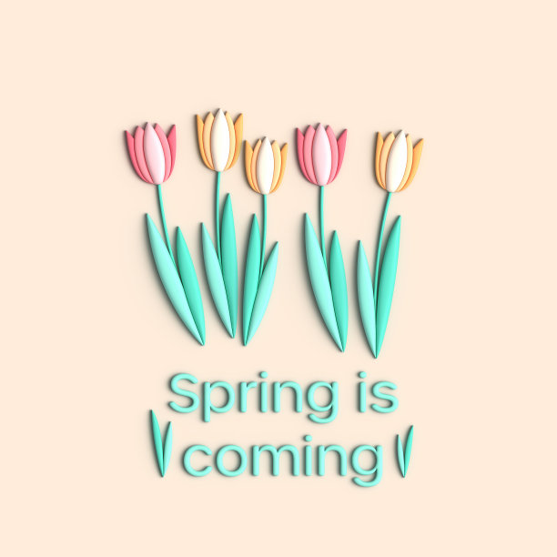 春季庆祝贺卡与郁金香花和黄色背景，3D时尚渲染照片图片下载