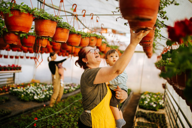 小男孩正和奶奶在温室里干活图片下载