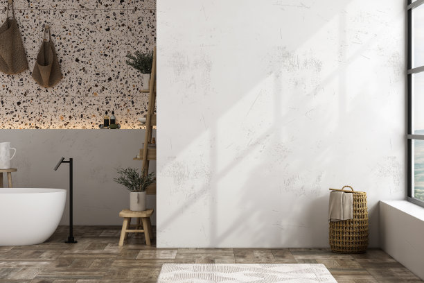 现代极简主义浴室内饰，现代浴室柜，白色水槽，木制梳妆台，室内植物，浴室配件，浴缸，白墙，水磨石地板。三维渲染图片下载