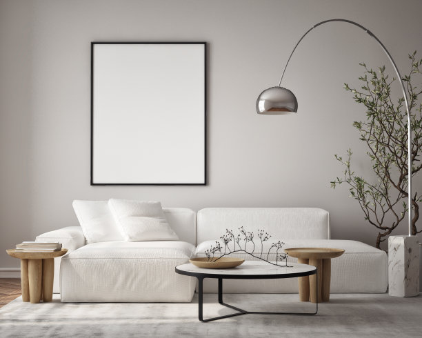 客厅墙上的海报框架模型。现代设计的豪华公寓背景。现代室内设计。3D渲染，3D插图。图片下载