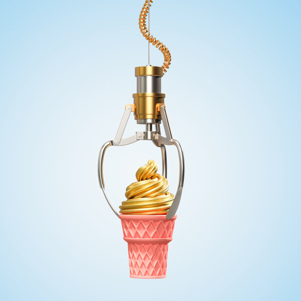 金色的机器人金属爪夹着粉色的冰淇淋。被隔离在蓝色背景上。最小的夏季概念。三维渲染图片下载